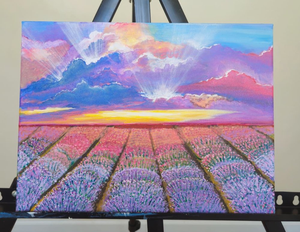 Lavender field at sunset, an acrylic painting by Tan