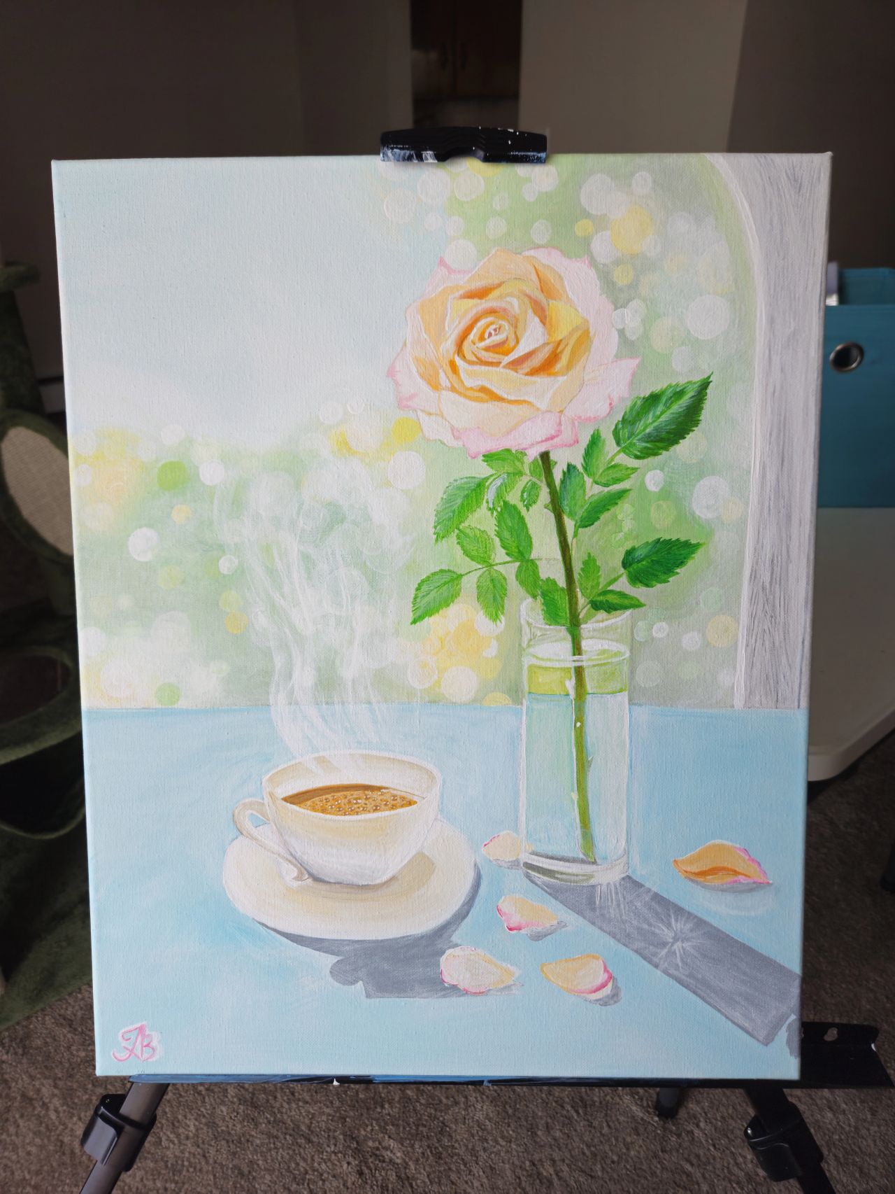 Student pastel painting of a rose in a glass vase beside a cup of coffee
