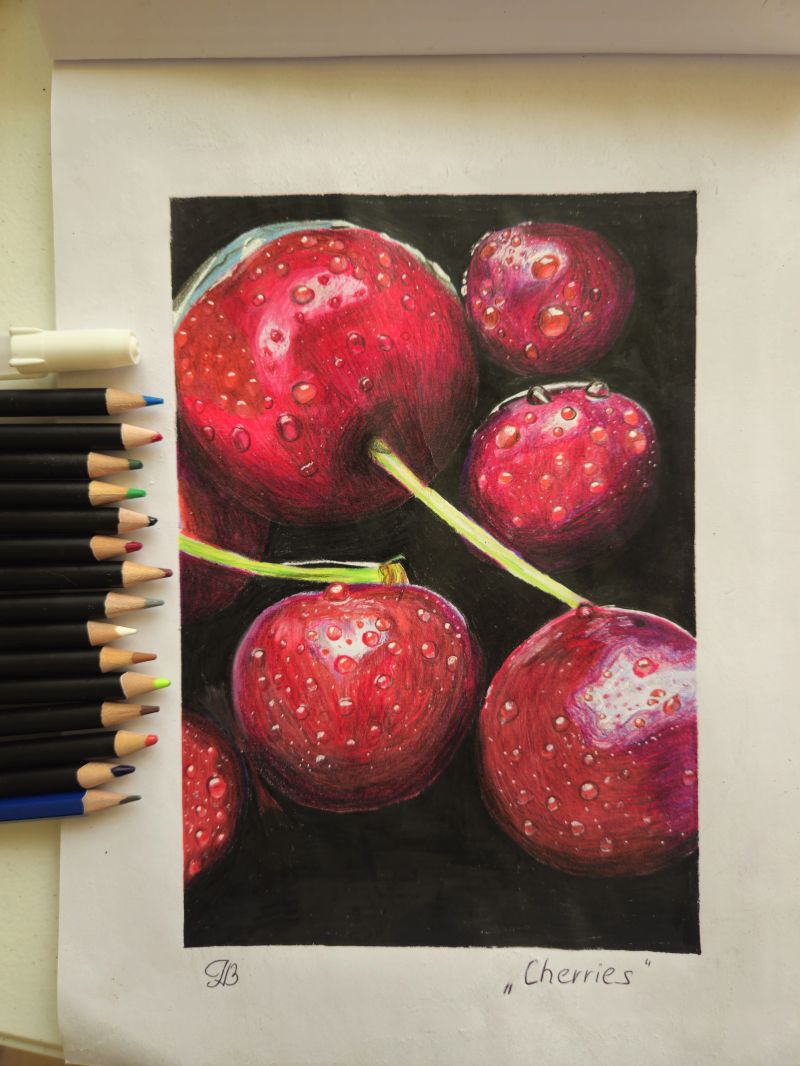 Student artwork of vivid red cherries drawn in coloured pencil on a dark background