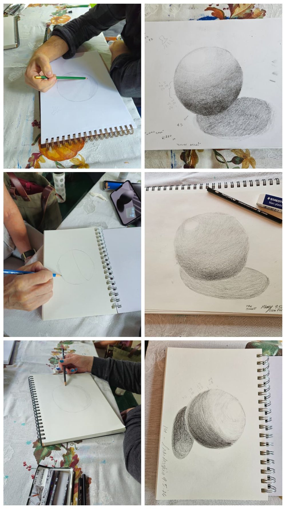 A collage of six photos from a drawing class: students sketching and shading a sphere, and their finished sphere studies with shading notes